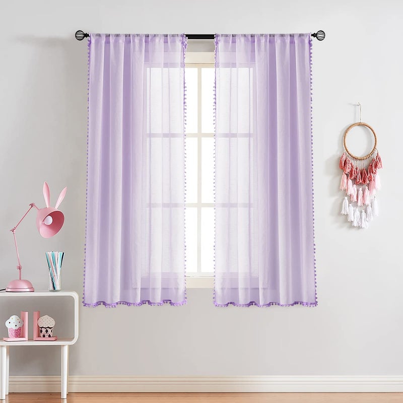 Treatmentex Pom-Pom Sheer Curtains for Kid's Room, 63" Linen Textured Volie Window Curtain Panels Lilac 52" w 1 Pair - Image 2